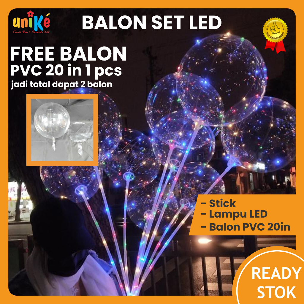 SET BALON PVC 20 inch Bening Transparan + LAMPU LED + STIK Perlengkapan Pesta Ulang Tahun Anak