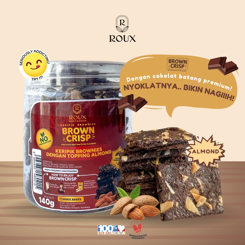 

BROWNCRISP KERIPIK BROWNIES PREMIUM TOPPING ALMOND TOPLES 600ml