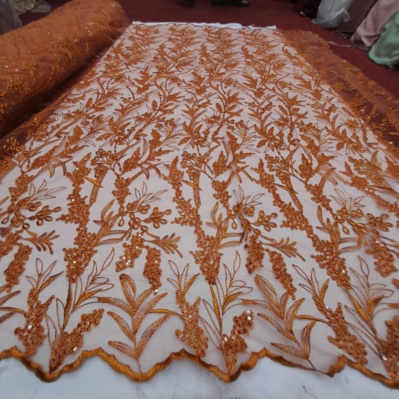 Kain Brukat/ Bahan Tille Spenggel Payet Bordir/Kain Tulle Full Bordir Payet Spenggel/Bahan Kebaya Bo