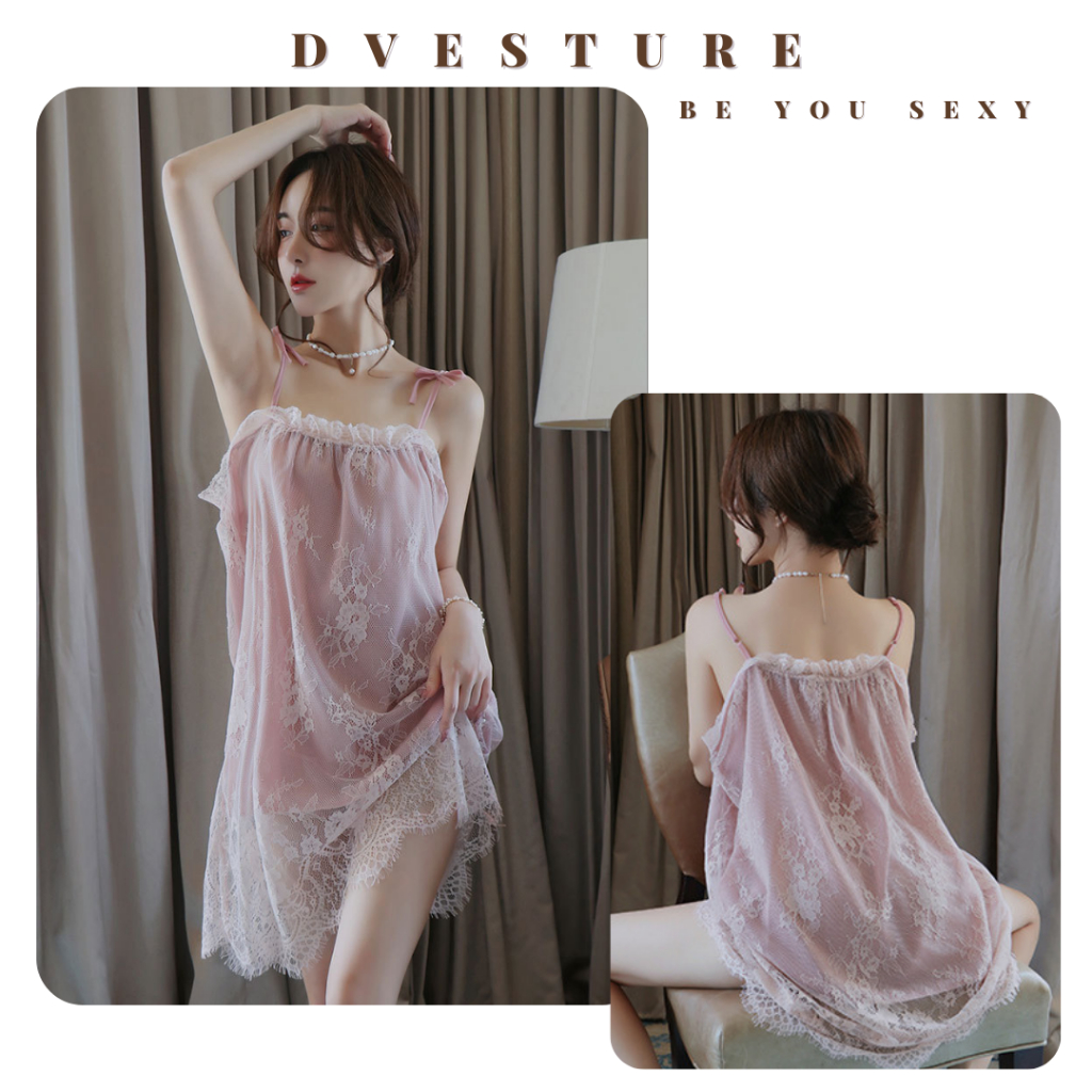 Lingerie Seksi Set D-111 All Size / Big Size Double Layer Polyester Blend Lace Daster Pakaian Dalam Baju Tidur Wanita Dewasa Seksi Baju Dinas Malam Panjang Import-Pink Tosca
