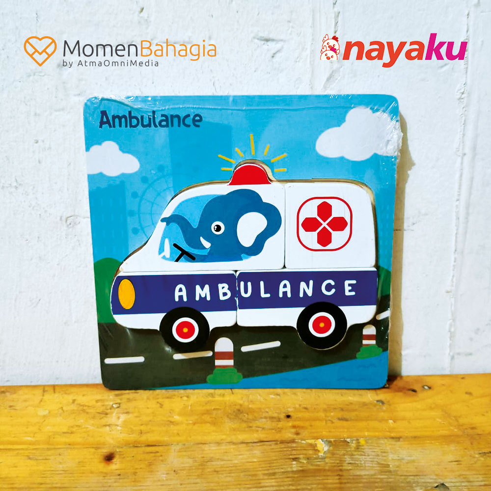 Mainan 3D Puzzle Kayu karakter gajah di mobil ambulan Untuk Anak-anak