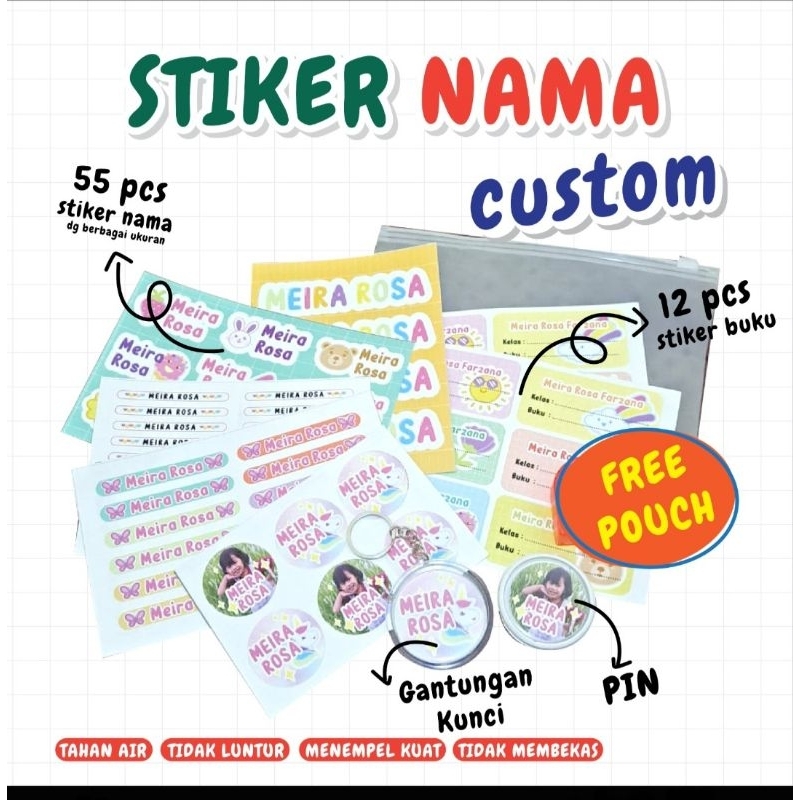 

Paket Stiker Label Nama Custom anti air + pin + gantungan kunci akrilik + stempel nama