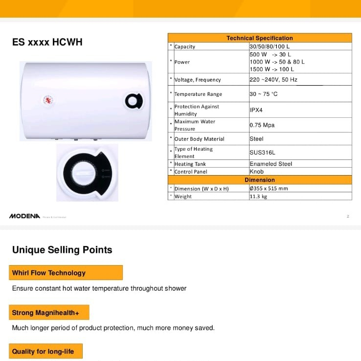 Modena Water Heater 100 Liter ES 1001 HCWH Horisontal