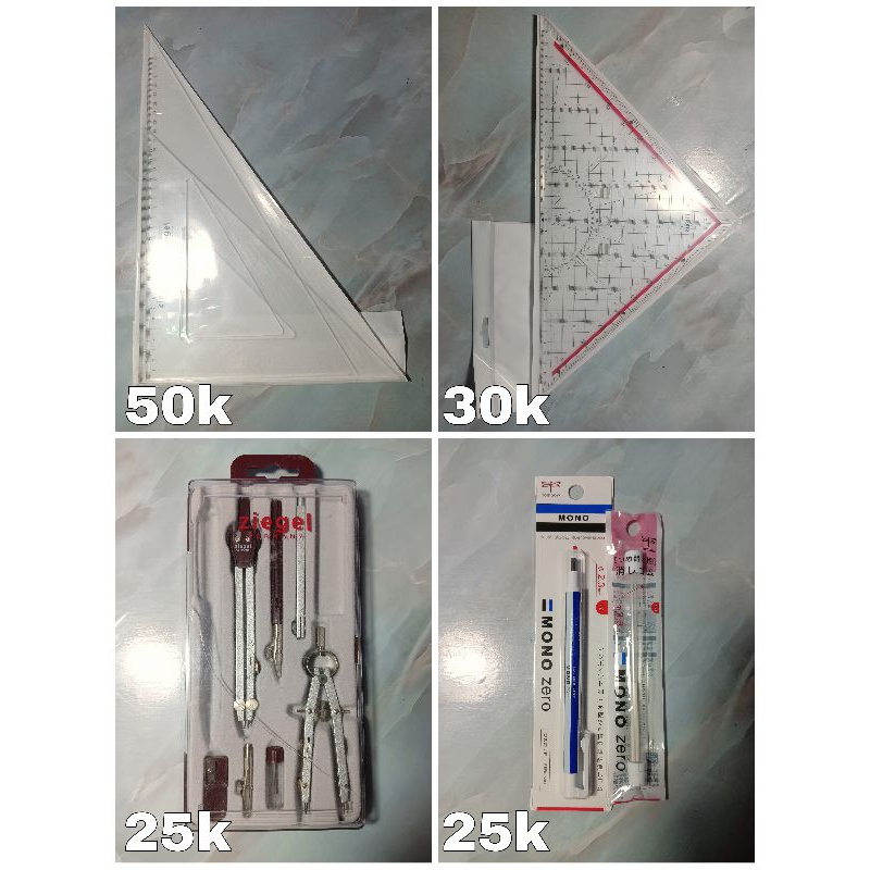 

Penggaris Segitiga Mor Ziegel, Jangka Set Rotring Ziegel, Penghapus Tombow Mono Zero