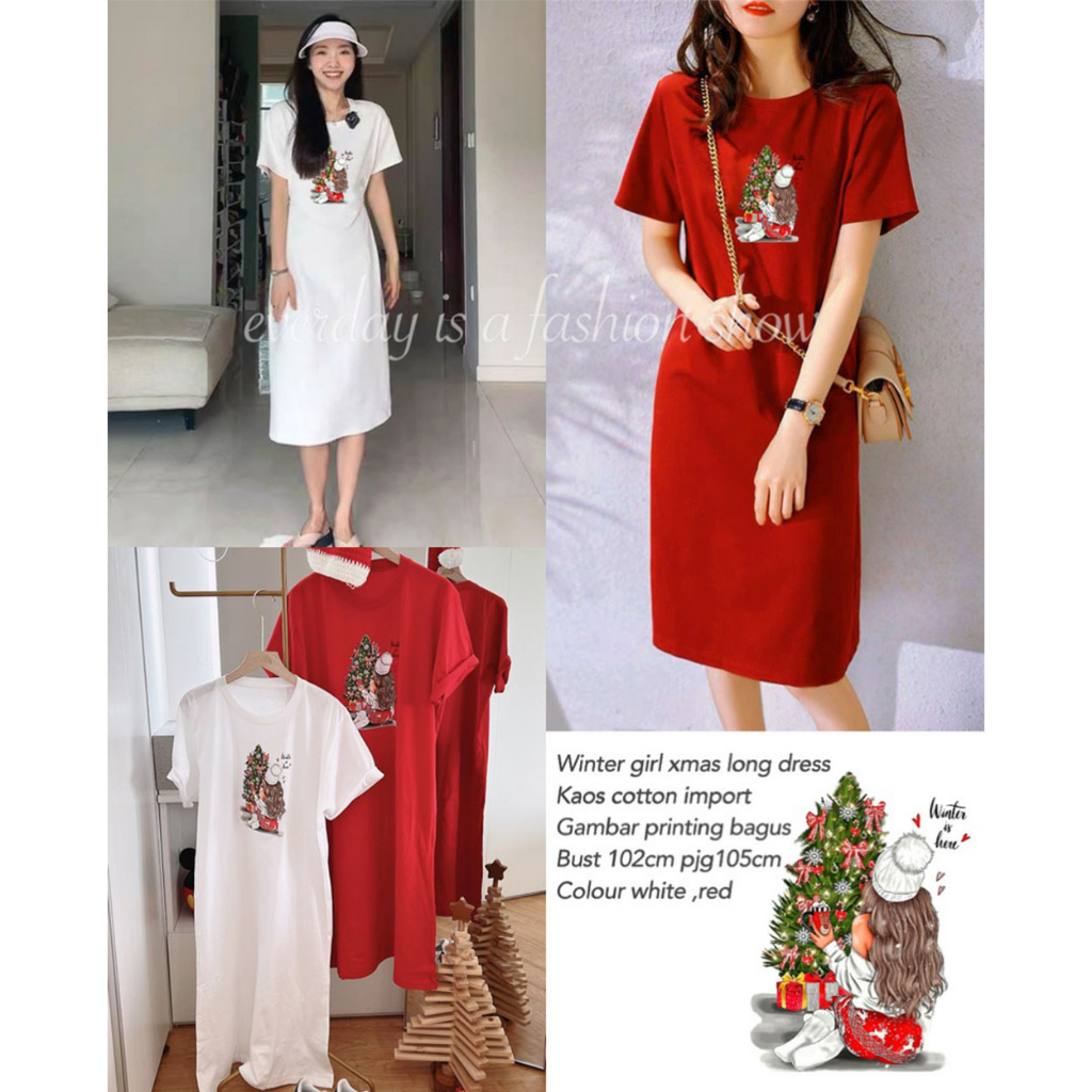SP5 LONG WINTER GIRL XMASS: Dress Midi Wanita Korea Bertema Natal, Desain White Dress dengan Sentuha
