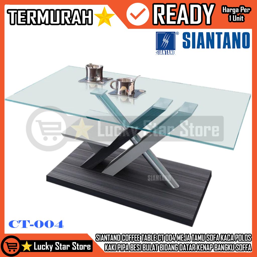 (INSTAN) SIANTANO COFFEE TABLE CT 004 MEJA TAMU SOFA KACA POLOS KAKI PIPA BESI BULAT BIDANG DATAR KE