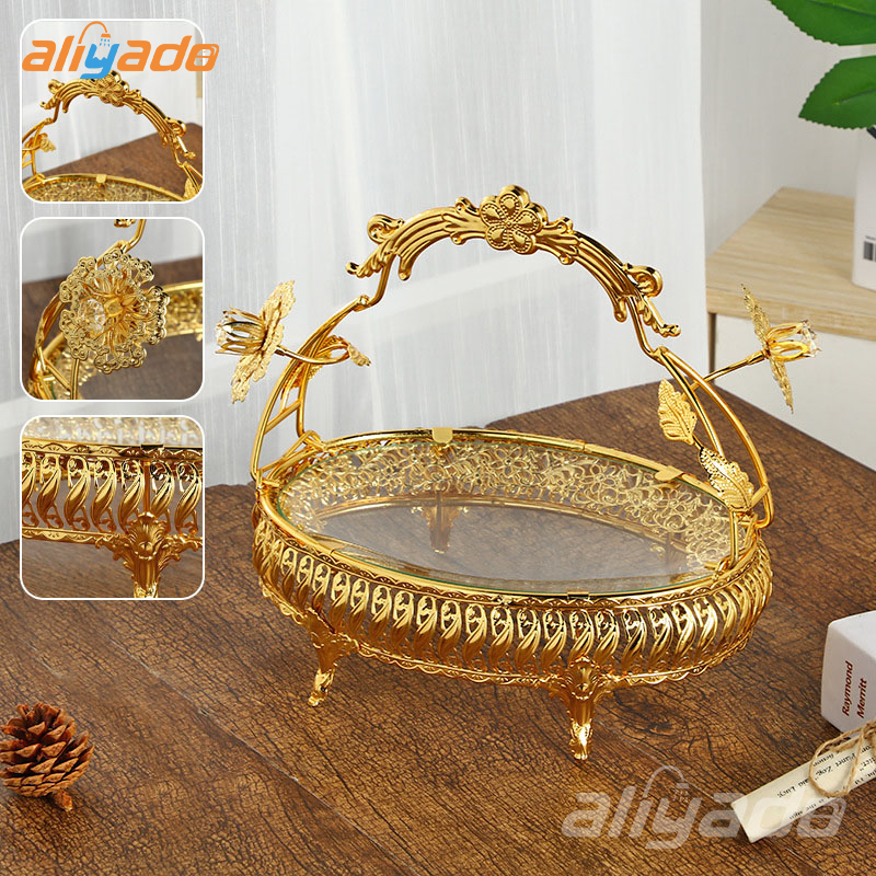 ✅Aman✅Nampan Estetik Mewah Ornamental Fruit Plate Golden Dining Room Dessert Fruit 4/2/1 Lantai Wedding Home Jewelry Display Piring dan Nampan Modern Camilan Permen kue Mangkuk Makanan bagus