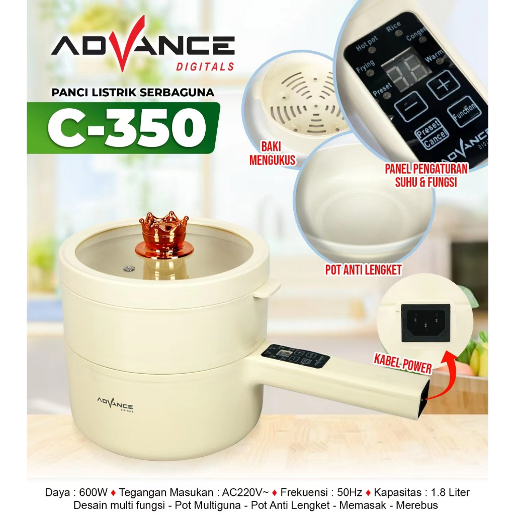 ADVANCE Panci Listrik 1.8L Panci Penggorengan Keramik Elektrik Free Steamer C-350