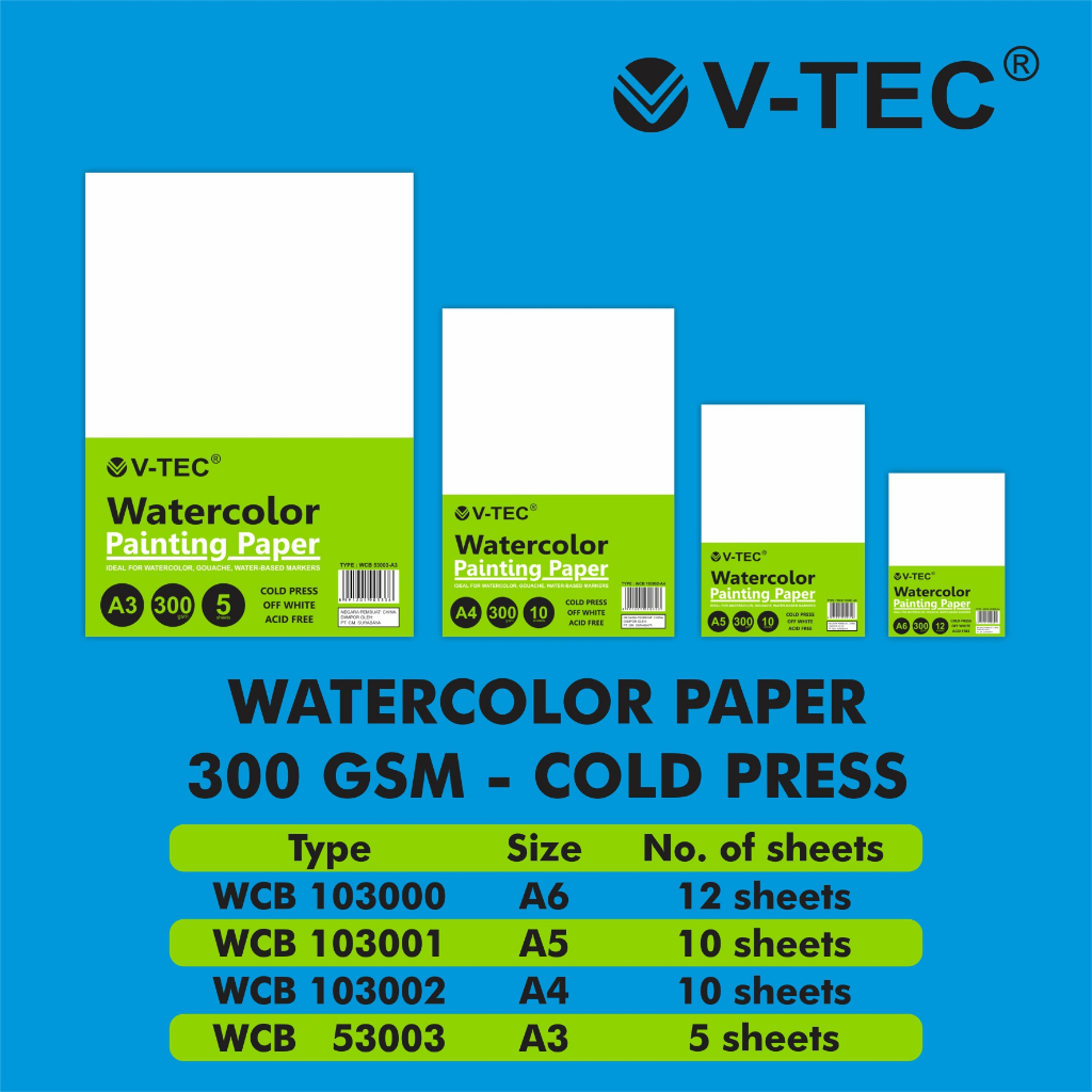 

V-TEC WATERCOLOR PAPER TYPE WCB A6/A5/A4/A3 300GSM COOL PRESS