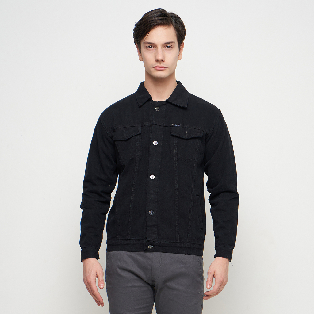 EMOLINE Jaket Jeans Pria Denim Tebal High Quality Hitam Pekat