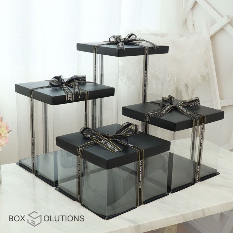 

cake box mika transparant tinggi viral BLACK LID - 17 cm & 21,5 cm (TANPA PITA)