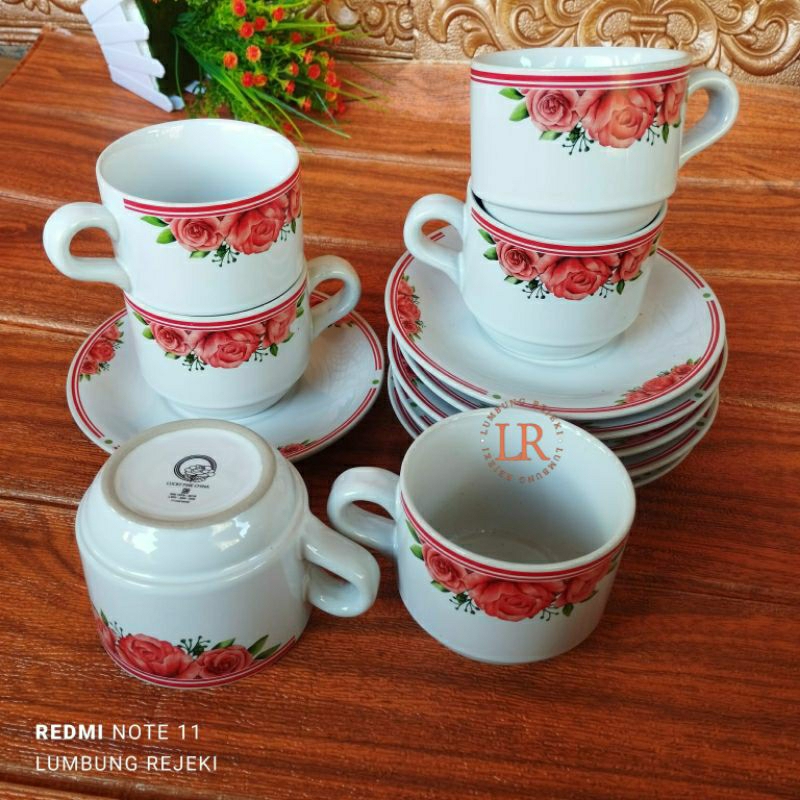 1SET CANGKIR KERAMIK BUNGA LUCKY / 12PCS CANGKIR + TATAKAN / CANGKIR KOPI KERAMIK MURAH