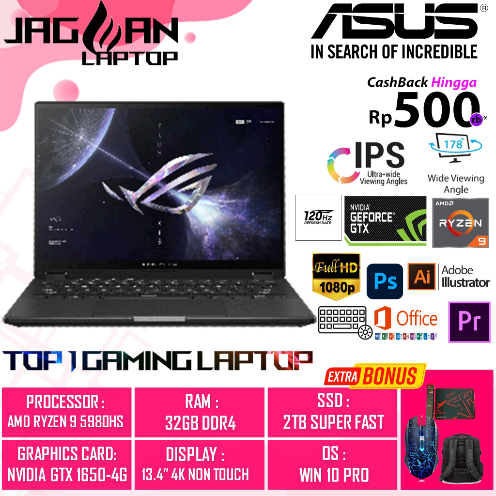 Laptop Gaming Asus Rog Flow x13 Gv301Qh Amd Ryzen 9 5980Hs 32Gb 2Tb Gtx1650-4GB 13.4" 4K Non touch w