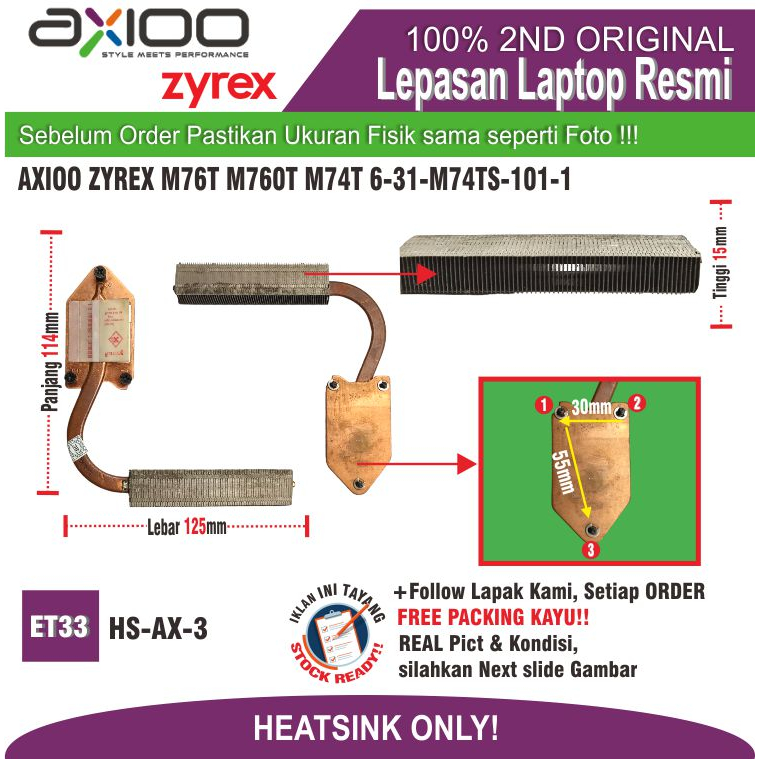 ET33 HS-AX-3 Heatsink AXIOO ZYREX LOGIC M76T M760T M74T 6-31-M74TS-101-1
