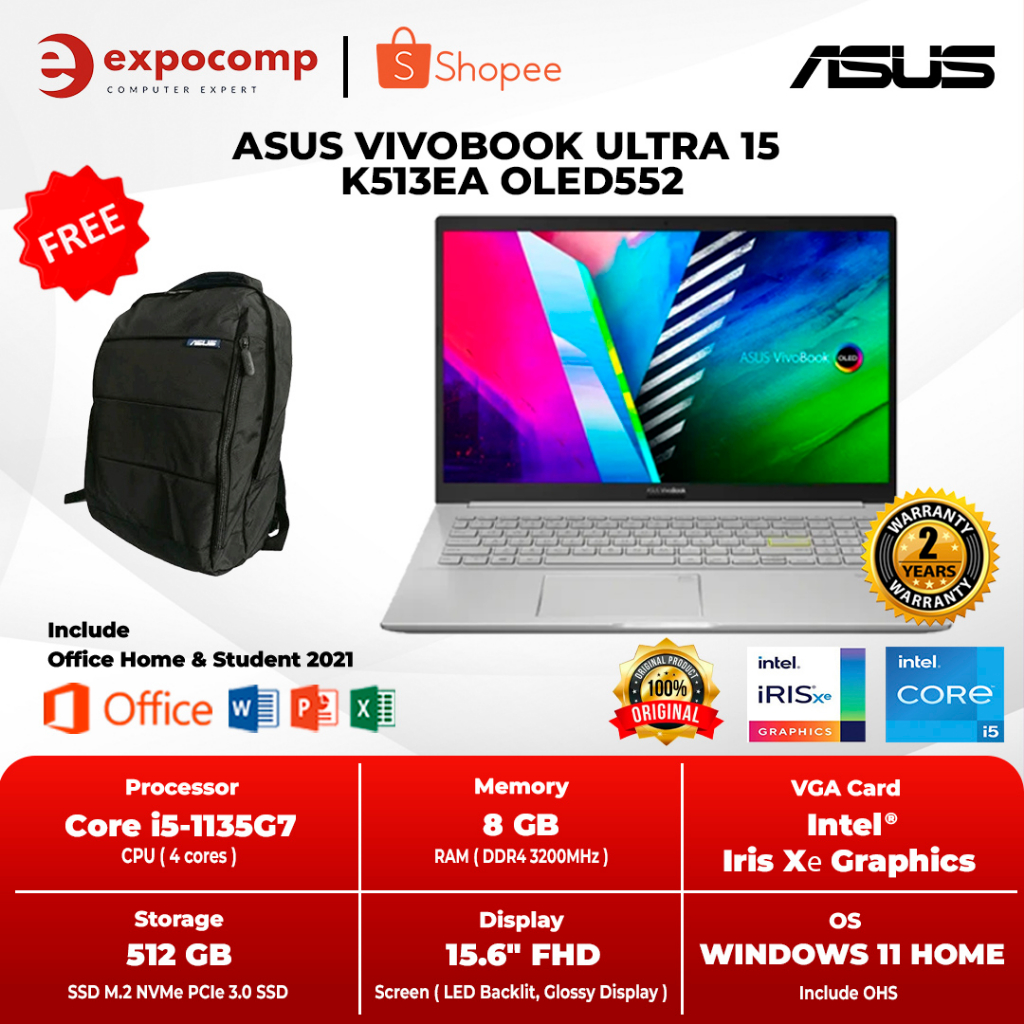 ASUS VIVOBOOK ULTRA 15 K513EA-OLED552 CORE i5-1135G7 8GB 512GB W11+OHS