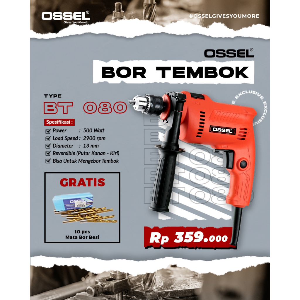 Bor Listrik Elektrik BT 080 OSSEL 10 pcs Mata Obeng +/- ph1 65mm Ossel
