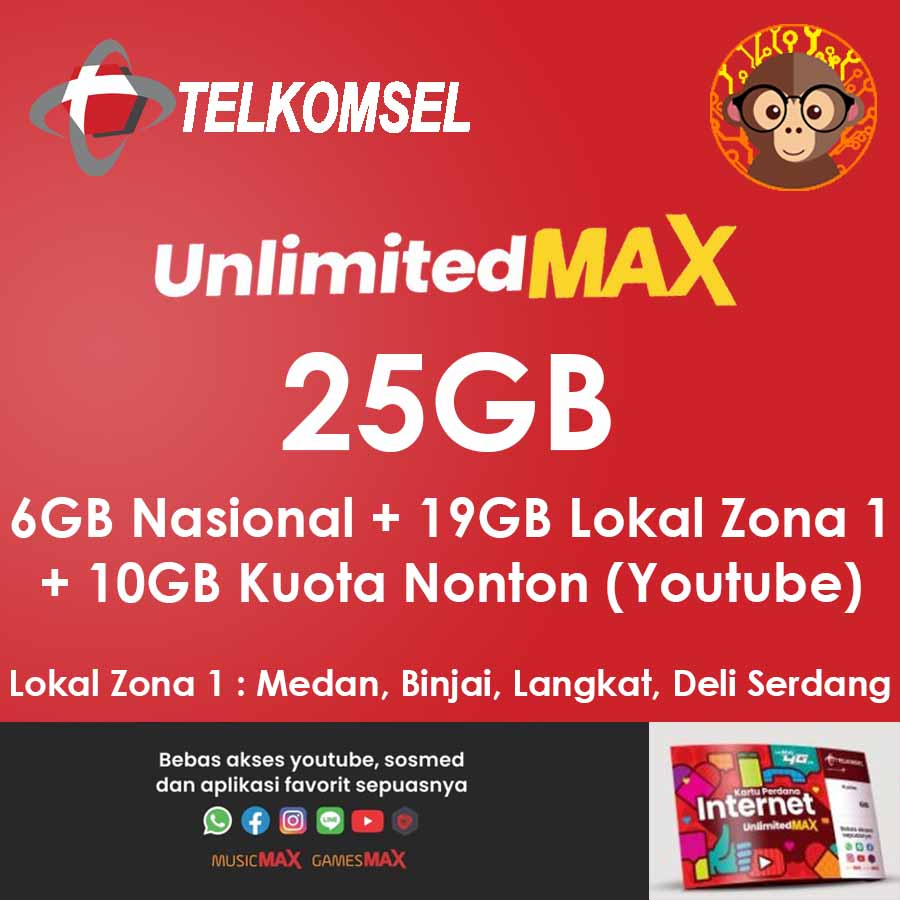 Kartu Perdana Telkomsel Unlimited MAX 25GB - Lokal Medan / Deli Serdang  / Binjai / Langkat