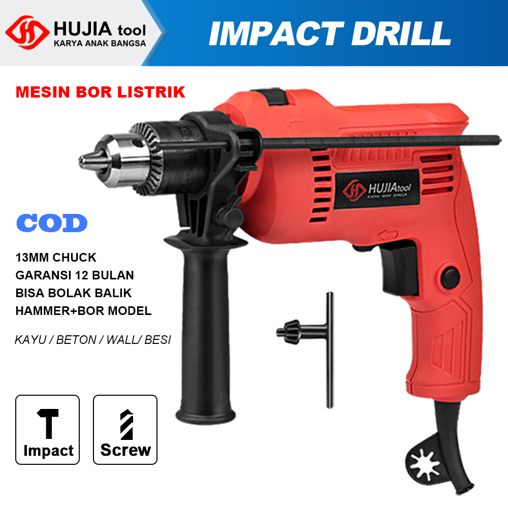 Promo HUJIA Promo Mesin Bor Impact 13MM Mesin Bor listrik bolak balik Bor w Bor Tembok Lengkap Bor