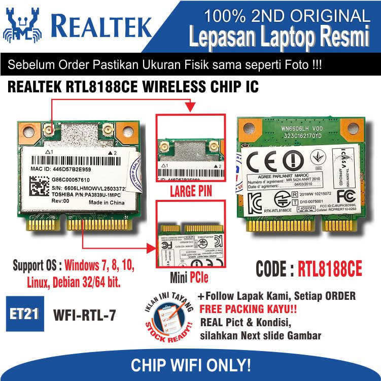 ET21 WFI-RTL-7 Internal WiFi Card WiFi Chip Laptop Notebook Netbook REALTEK RTL8188CE RTL8188CEBT WI