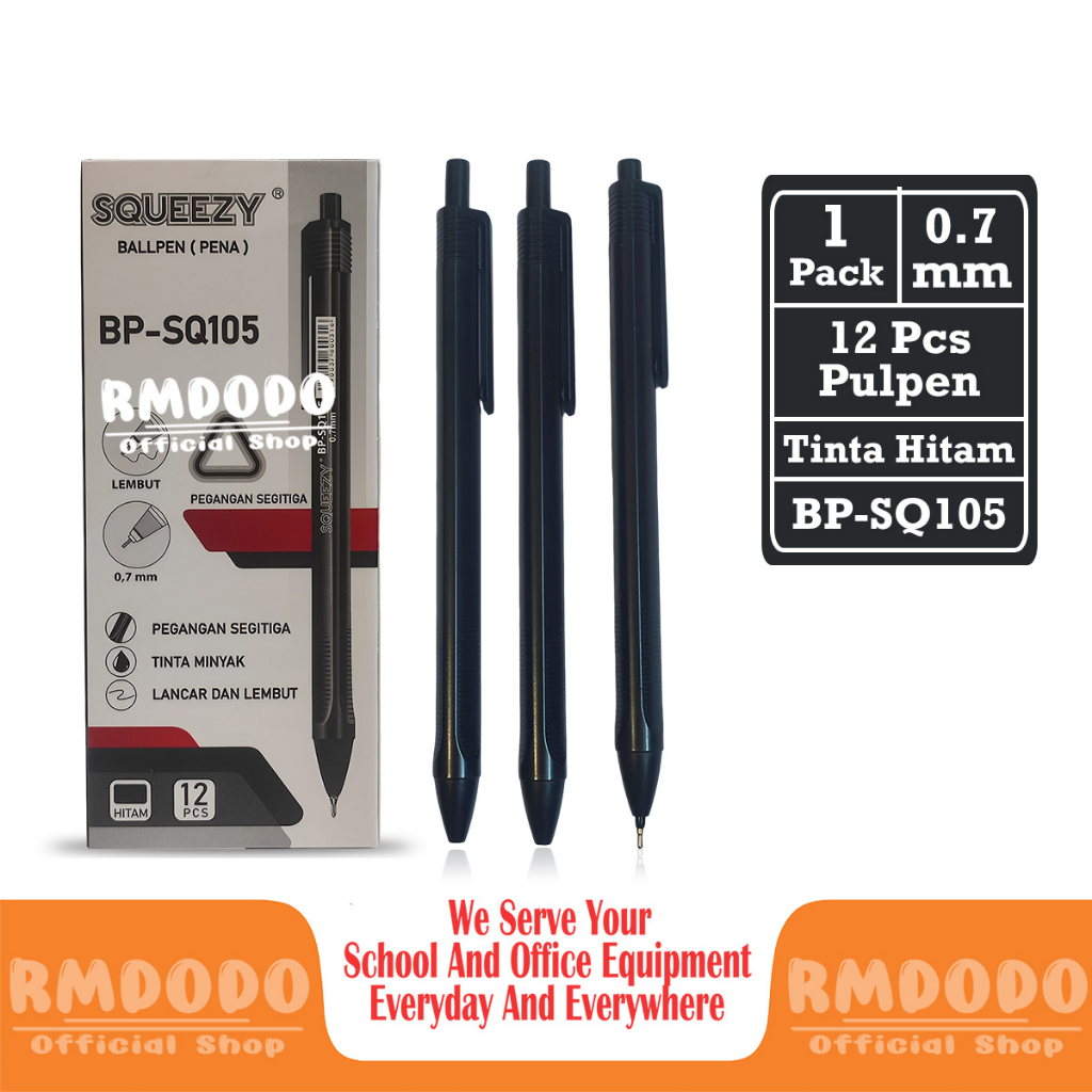 

Rmdodo - Pulpen Ballpen Tinta Hitam 0.7mm [1 Pack - 12 Pcs Pulpen] / Pena Cetek Squeezy Smooth / Bollpoin BP-SQ105
