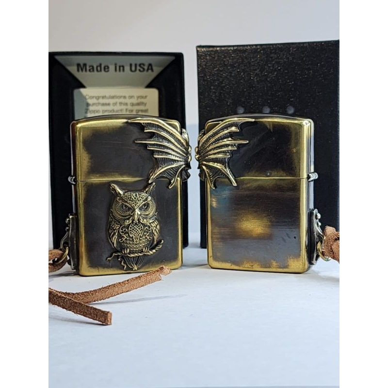 Zippo Original Owl Skull Mask Design 4 sisi Antique Gold Japan Finish