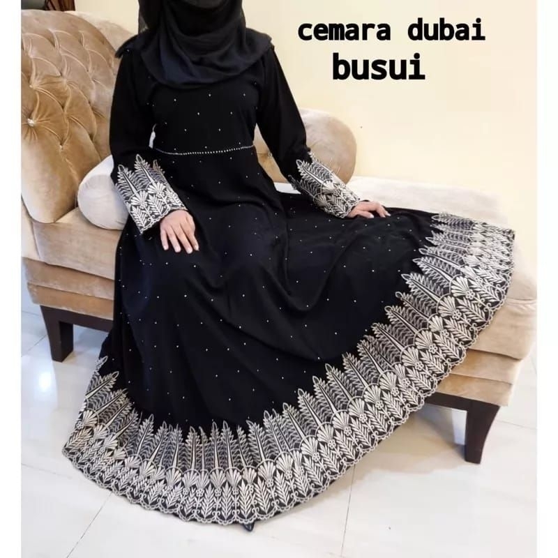 BA102750 Abaya HiTam Bordir Jetblack Turkey Turki Lebanon Gamis Arab Cemara Termurah Tidak Kusut Mus