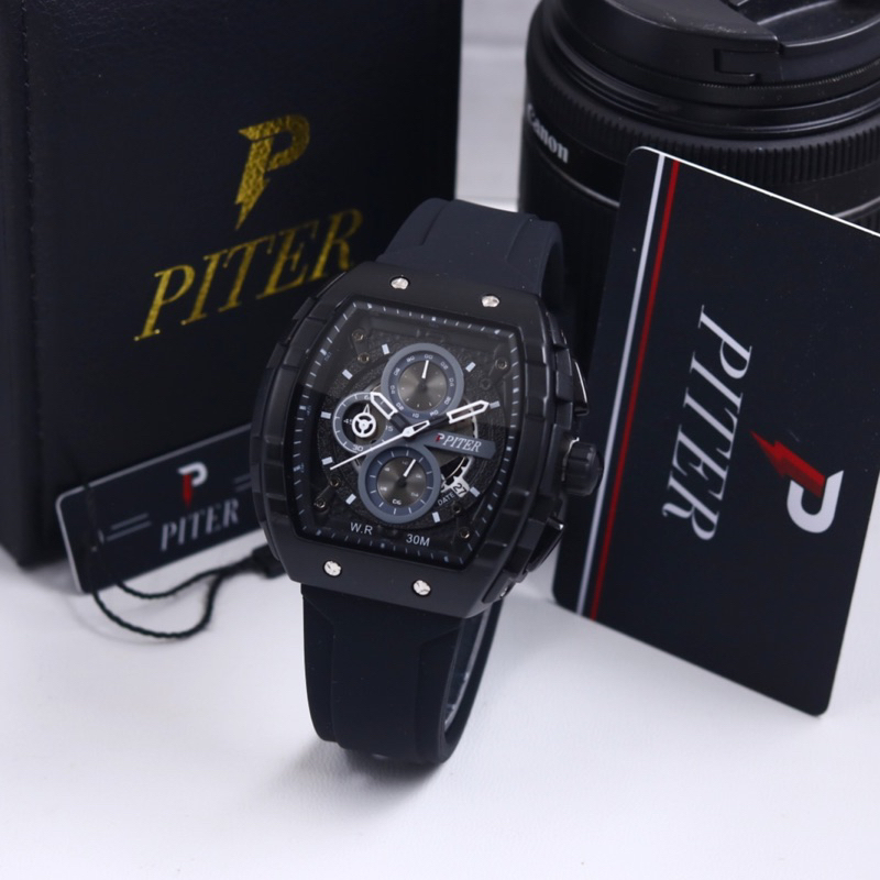 ( BISA COD ) Jam Tangan Pria PITER Original Chrono Tanggal Aktif Rubber Tali Karet Jam Tangan Fashio