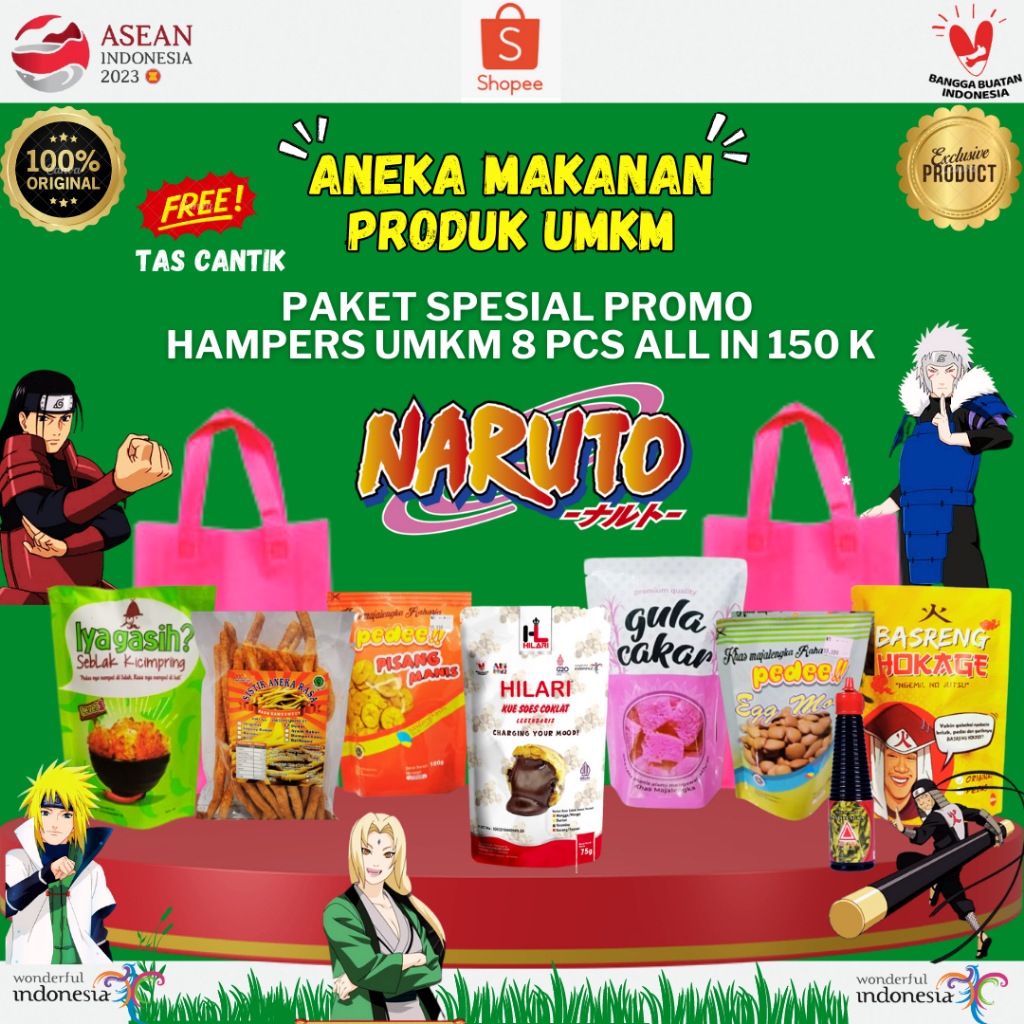 

PAKET 6 MAKANAN SPESIAL PROMO HAMPERS UMKM ALL IN 150 K FREE TAS CANTIK