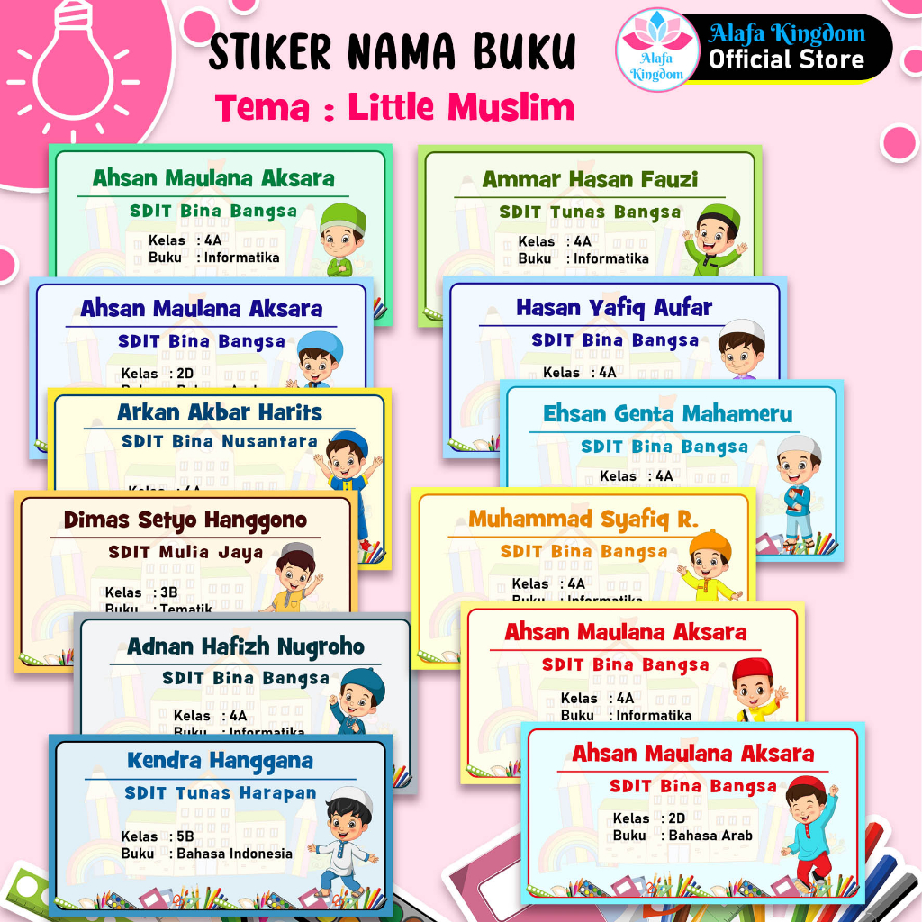alafakingdom - Stiker Nama Buku Tulis Sekolah Anak Tema Little Muslim