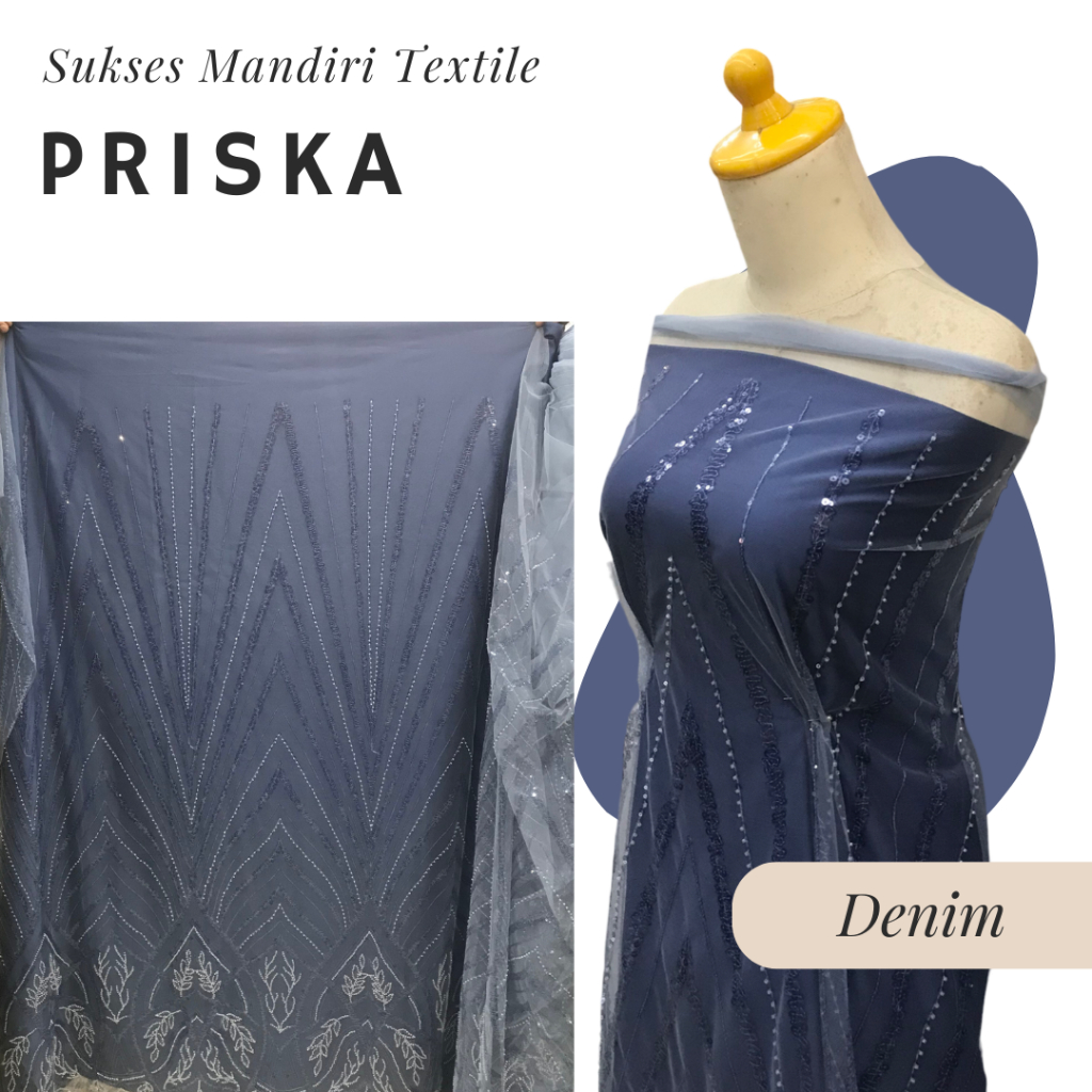 [PRISKA] Brokat Brukat Tile Payet Premium Mewah Warna Denim Biru Jeans Blue | Harga ½ meter = 50 cm 