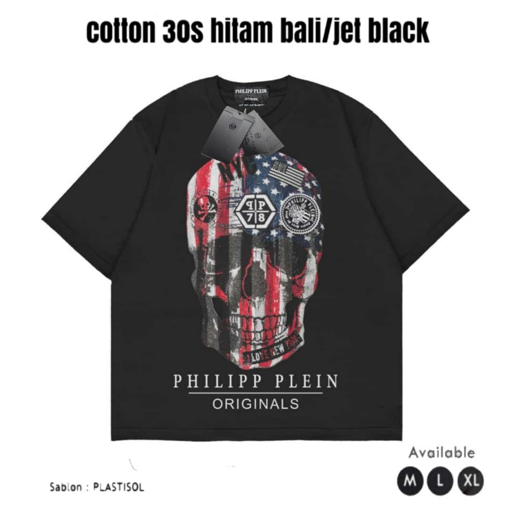 KAOS PHILIP PLEIN HITAM USA COMBAD COTTON TEBAL