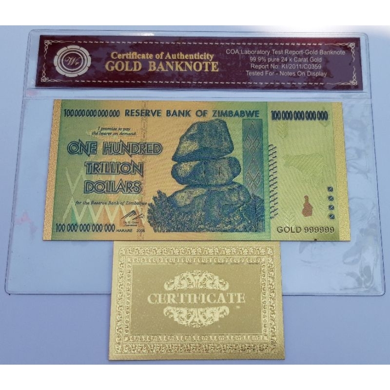 UANG SOUVENIR GOLDFOIL 100.000.000.000.000 DOLLAR ZIMBABWE