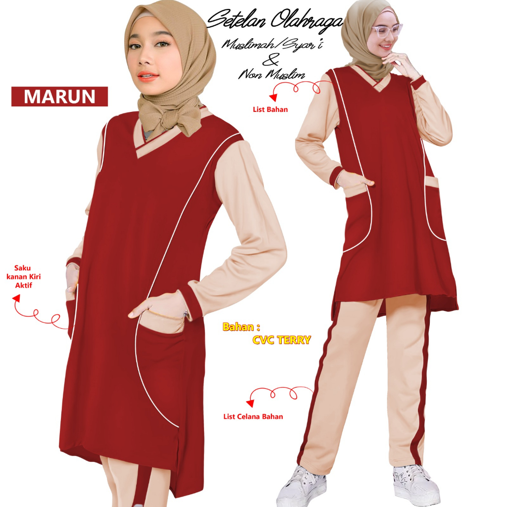 1SET STELAN BAJU SENAM MUSLIM SYAR'I MUSLIMAH SPORT OLAHRAGA JOGING YOGA TENIS SEPEDA WANITA