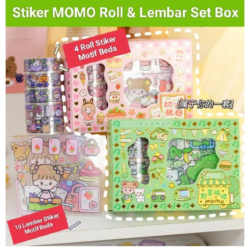 

Stiker Momo Set 4Roll + 10Lembar Stiker Kartun Karakter Korea DIY Anti Air murah Stiker Roll Set 2D Stiker Buku Stiker Botol Roll SET 1Box 4 Roll 10 Lembar || Washitape Solatip cod