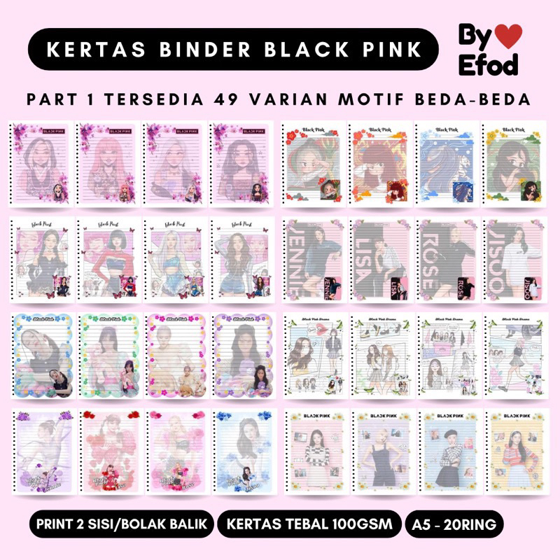 

1lembar-a5-20ring-100gsm black pink kertas file isi binder loose leaf karakter