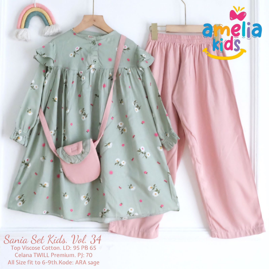 SANIA SET KIDS VOL.34 ORIGINAL BY AMELIA KIDS SETELAN BAJU ANAK PEREMPUAN TUNIK DAN CELANA FREE TAS 