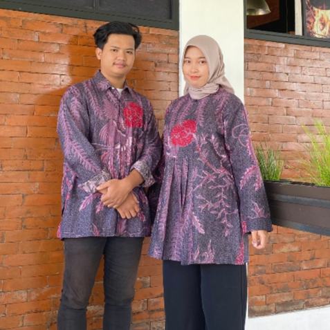 BATIK TRUSMI Set Couple Kemeja Pria dan Blouse Jumbo Wanita Batik Gama Ungu