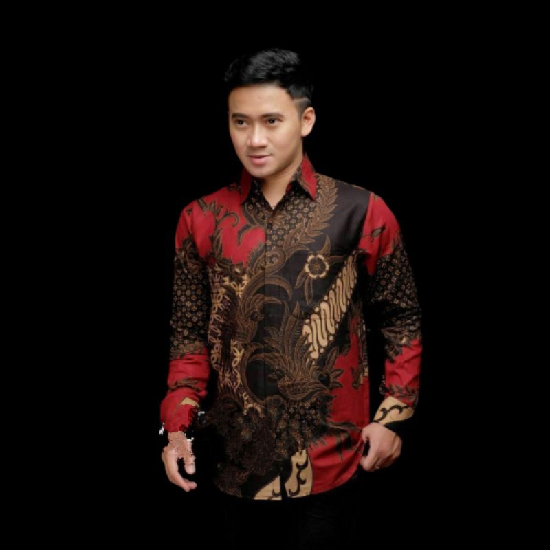 Baju Batik Pria Lengan Panjang slim fit Eksklusif  Warna Merah Maroon /batik casual /Kemana batik