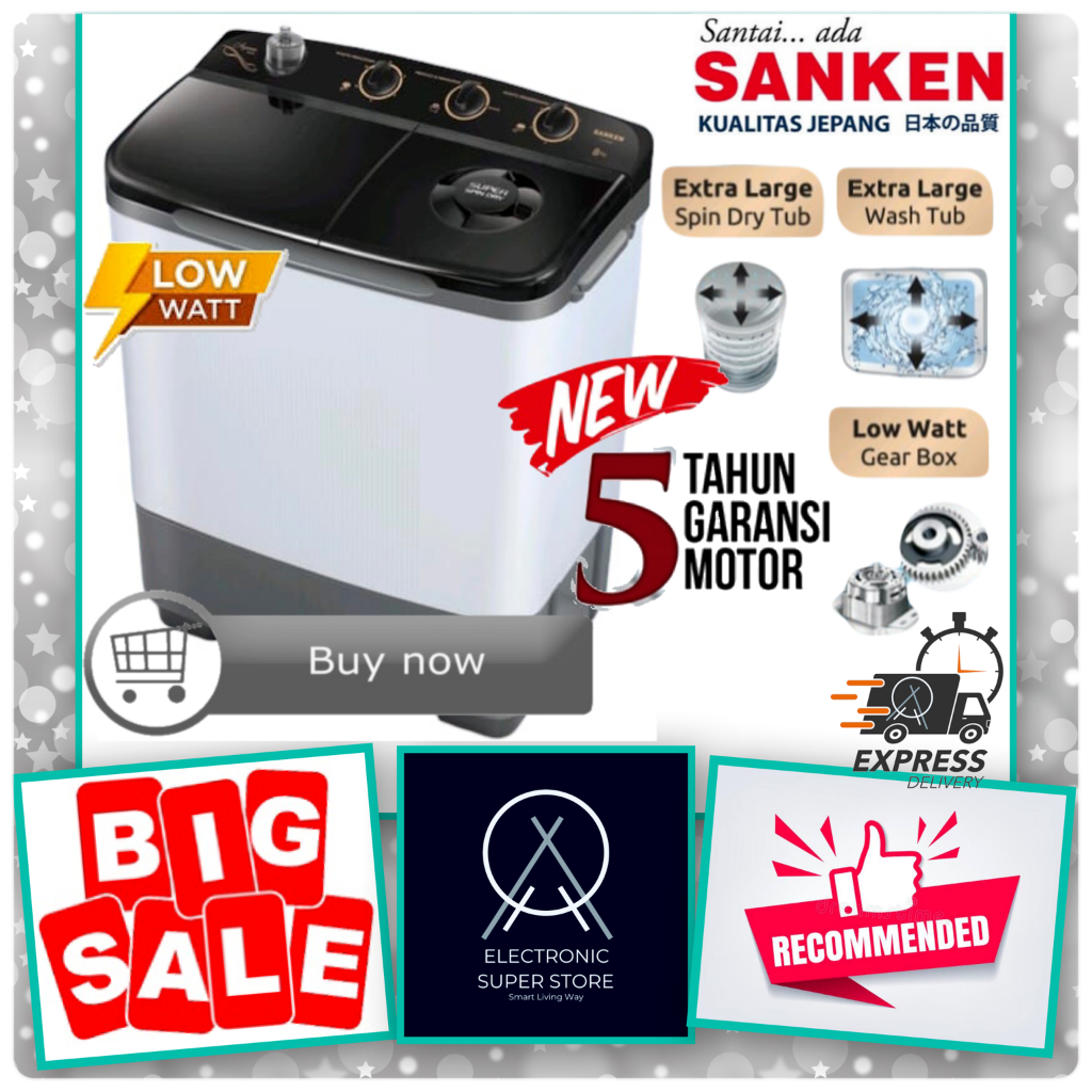 MESIN CUCI SANKEN 8KG TW-8900 TW8900 TW 8900 2 TABUNG SUPER LOW WATT SPIN DRY TUB TWIN TUB SANKEN