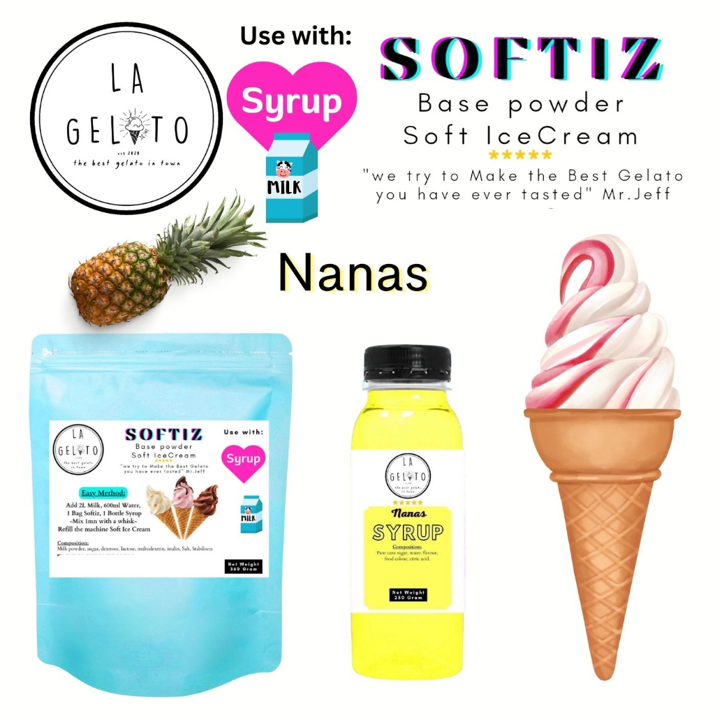 

Paket Softiz bubuk soft ice cream dan sirup rasa Nanas untuk 3kg Praktis | Powder Ice Cream Fruity Buah Murah Mudah Cool Dingin Tahan Lama Coklat Vanila Thai Tea Capuccino Es Doger Taro Leci Anggur Strawberry