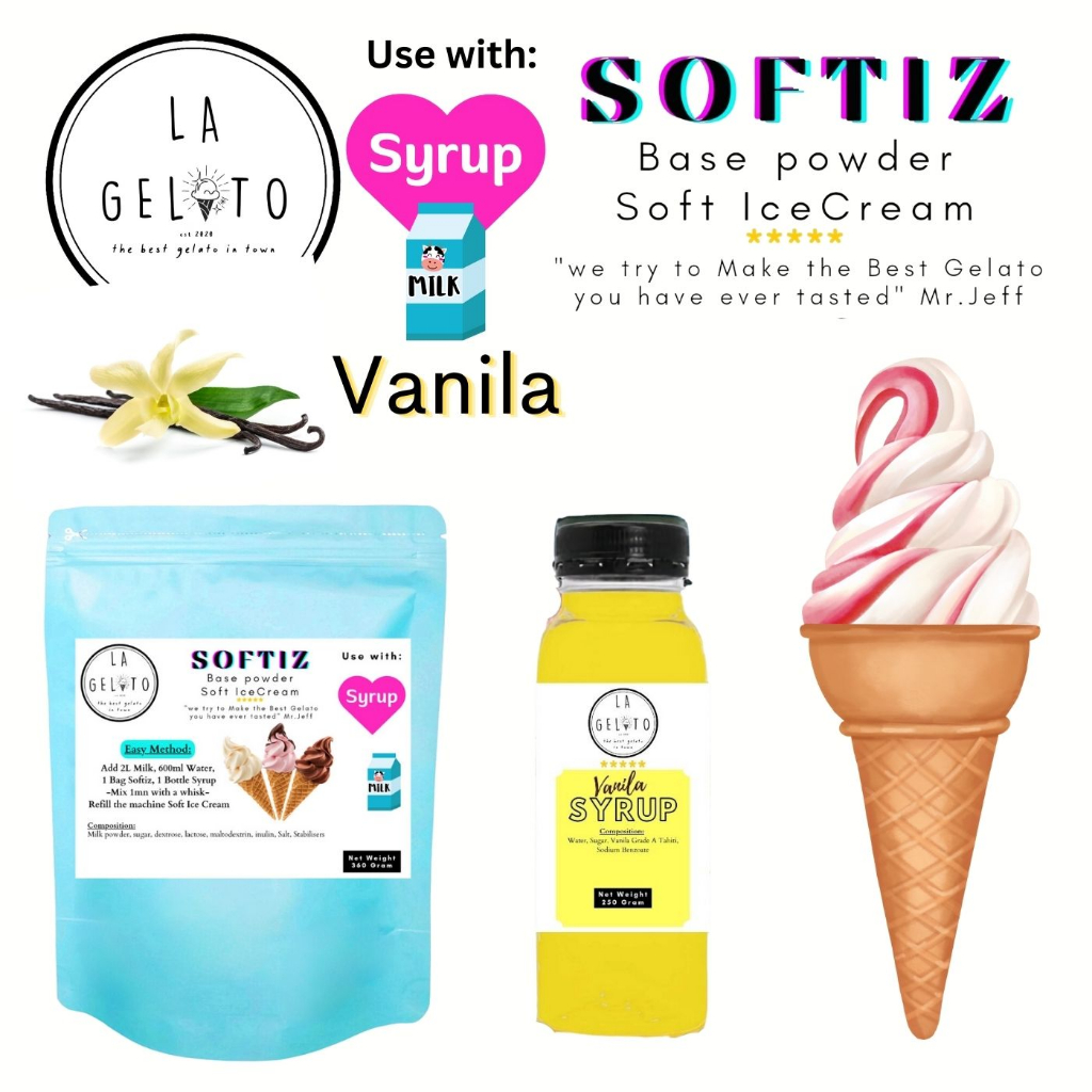 

Paket Softiz bubuk soft ice cream dan sirup rasa Vanila untuk 3kg | Powder Ice Cream Fruity Buah Murah Mudah Cool Dingin Tahan Lama Coklat Thai Tea Capuccino Es Doger Taro Leci Anggur Strawberry