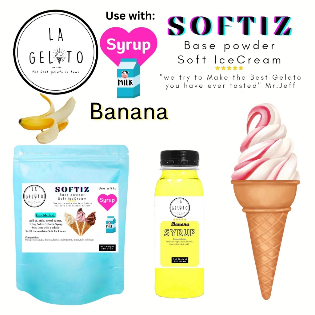 

Paket Softiz bubuk soft ice cream dan sirup rasa Banana untuk 3kg | Powder Ice Cream Fruity Buah Murah Mudah Cool Dingin Tahan Lama Coklat Vanila Thai Tea Capuccino Es Doger Taro Leci Anggur Strawberry