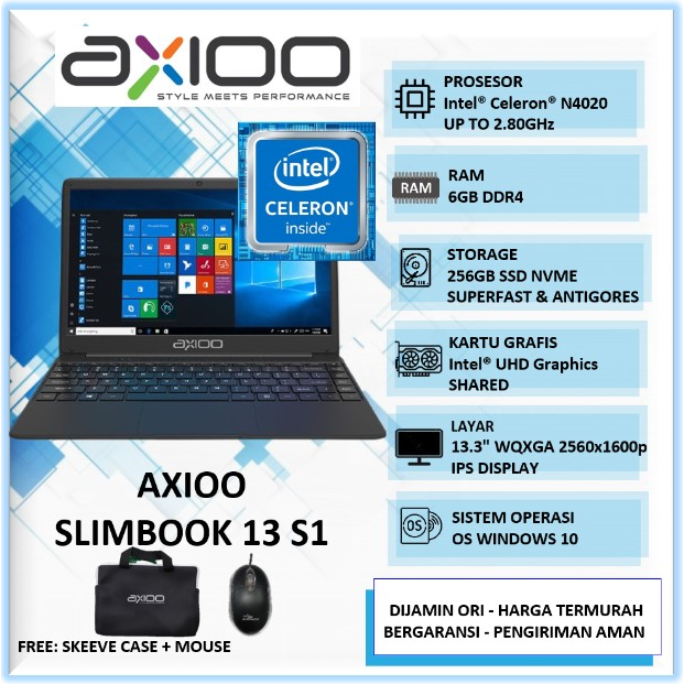 Laptop Sekolah Axioo Slimbook 13 S1 Intel N4020 6GB 256GB SSD 13" Win10Pro