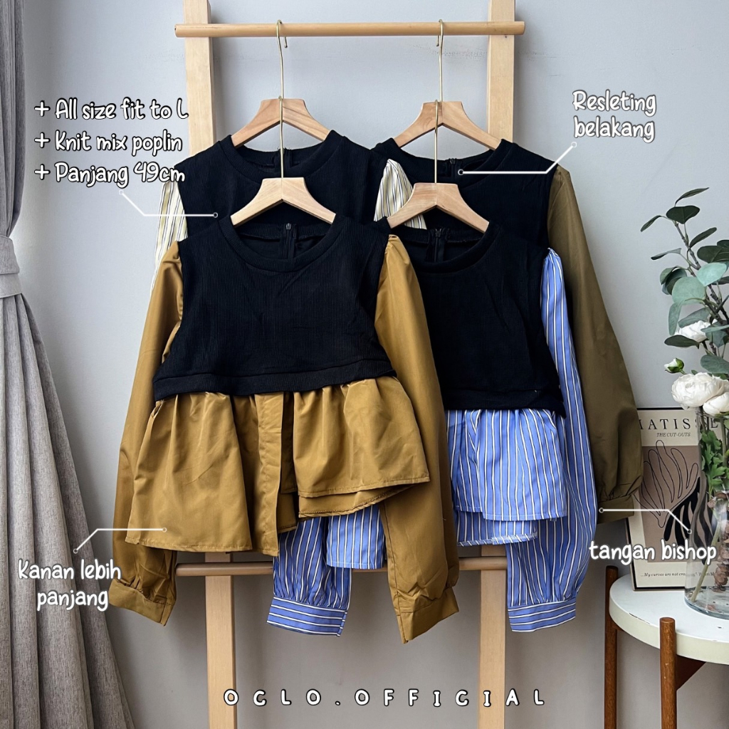 Oclo Rerashy Blouse crop mix knit atasan wanita casual basic daily wear