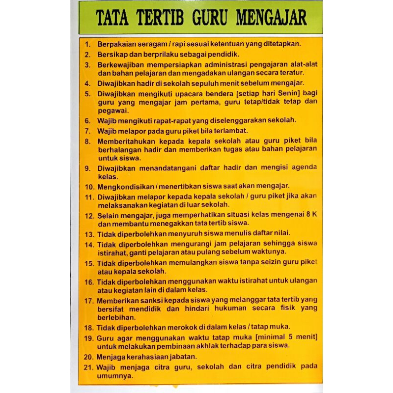 papan data tata tertib guru mengajar