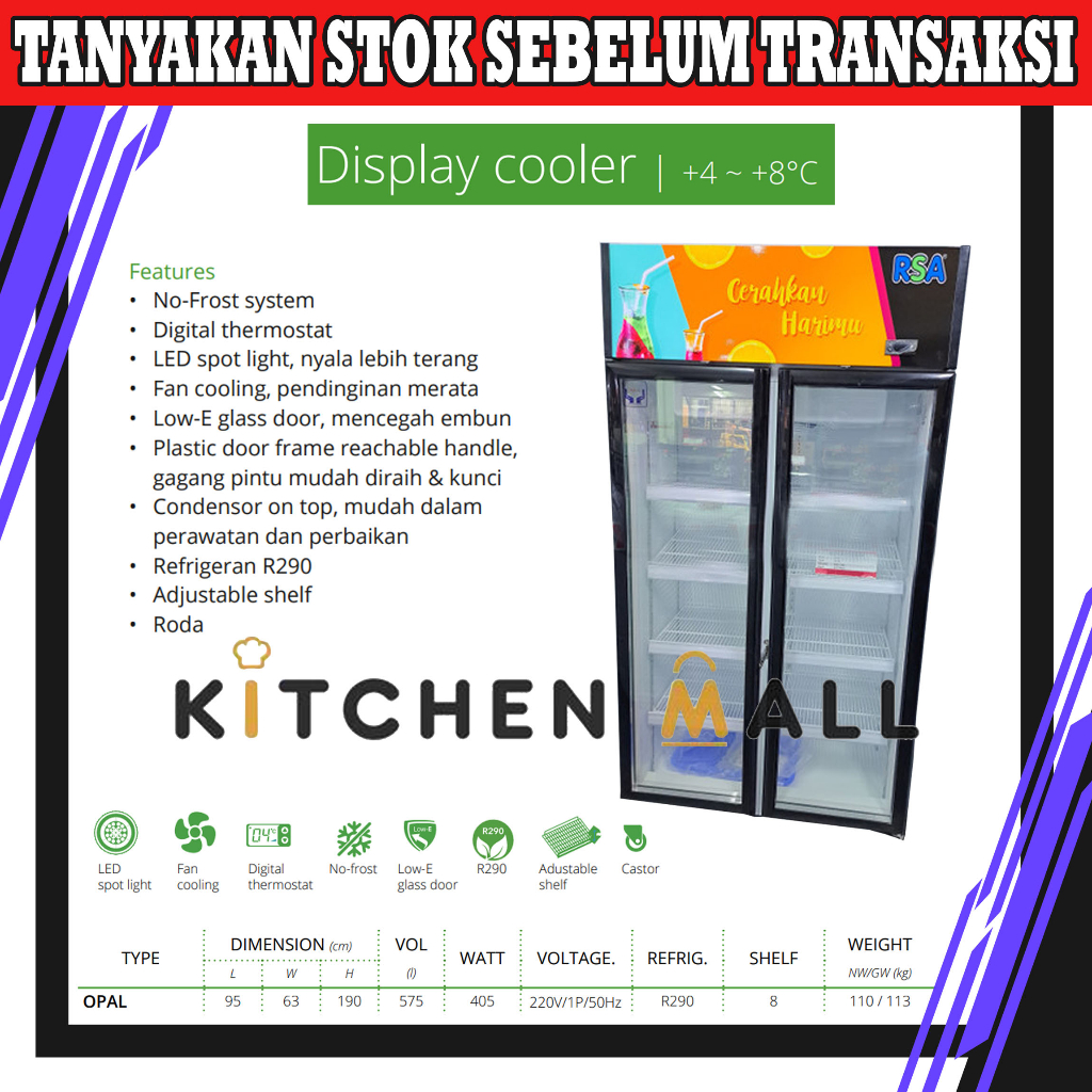 RSA OPAL showcase 2 dua pintu kaca - kulkas penyimpan pemajang minuman botol, kaleng, buah - display