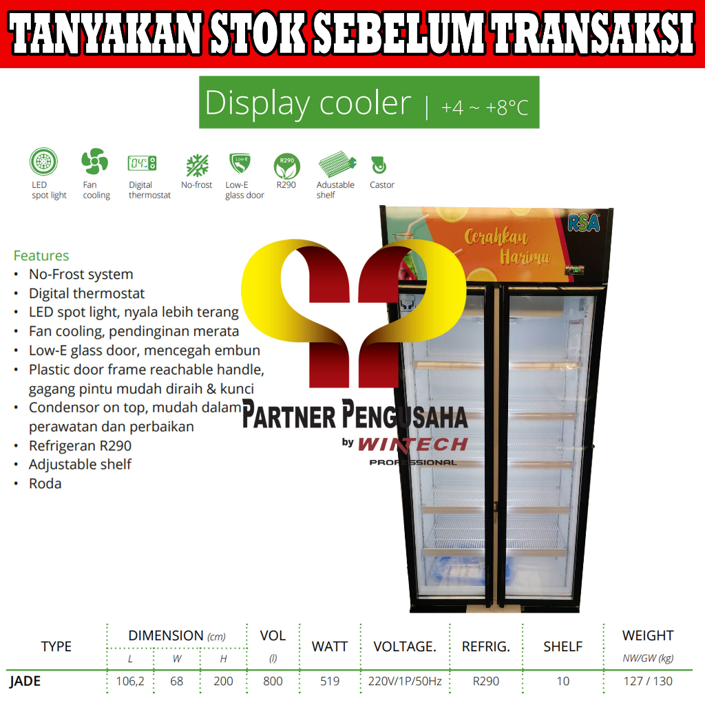 DISPLAY COOLER/LEMARI PENDINGIN MINUMAN/SHOWCASE 2 PINTU RSA TYPE JADE