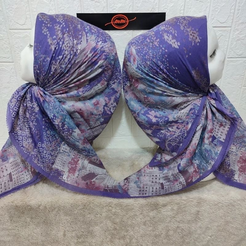 Promp Hijab Segi Empat Voal Motif Sakura Warna Ungu