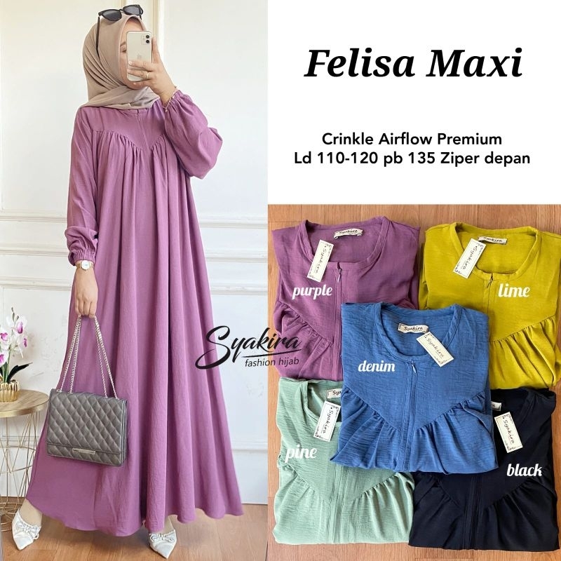 GAMIS MAXY FELISA MAXY BY SYAKIRA LD 110-120 BAHAN CRINKLE AIRFLOW ZIPPER DEPAN BUSUI FRIENDLY
