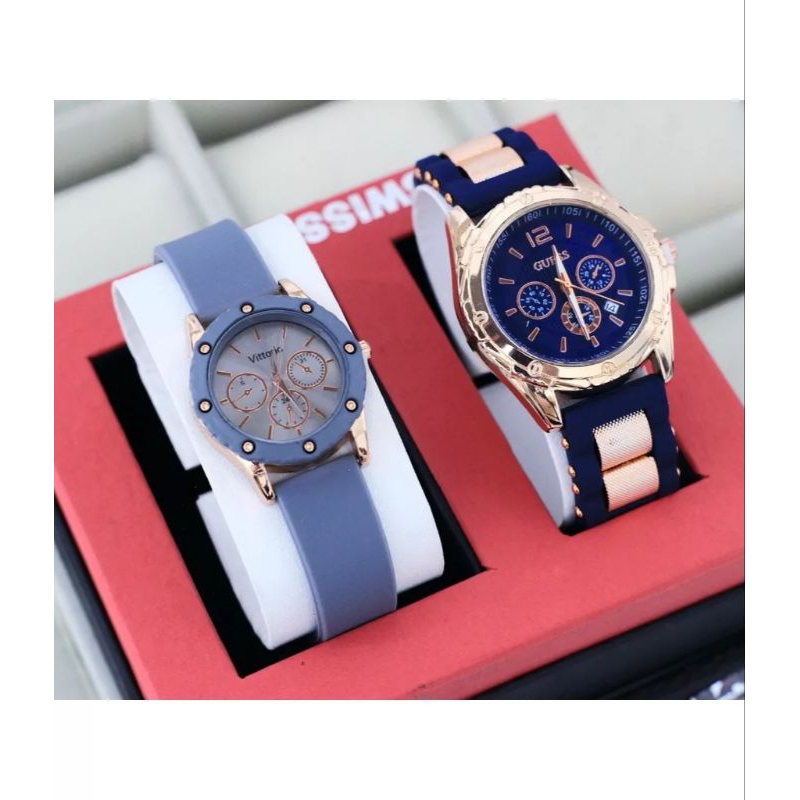 (Cod)Jam Tangan Wanita Buy 1 Get 1 Gues Crono3 + Gues Ring Tanggal Aktif Strap Rubber/Karet(Dikirim